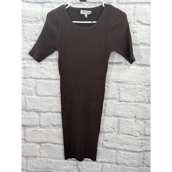 Michael Stars Bodicon Dress Elbo Sleeves Chestnut Shimmer Medium Petite - Picture 2 of 5